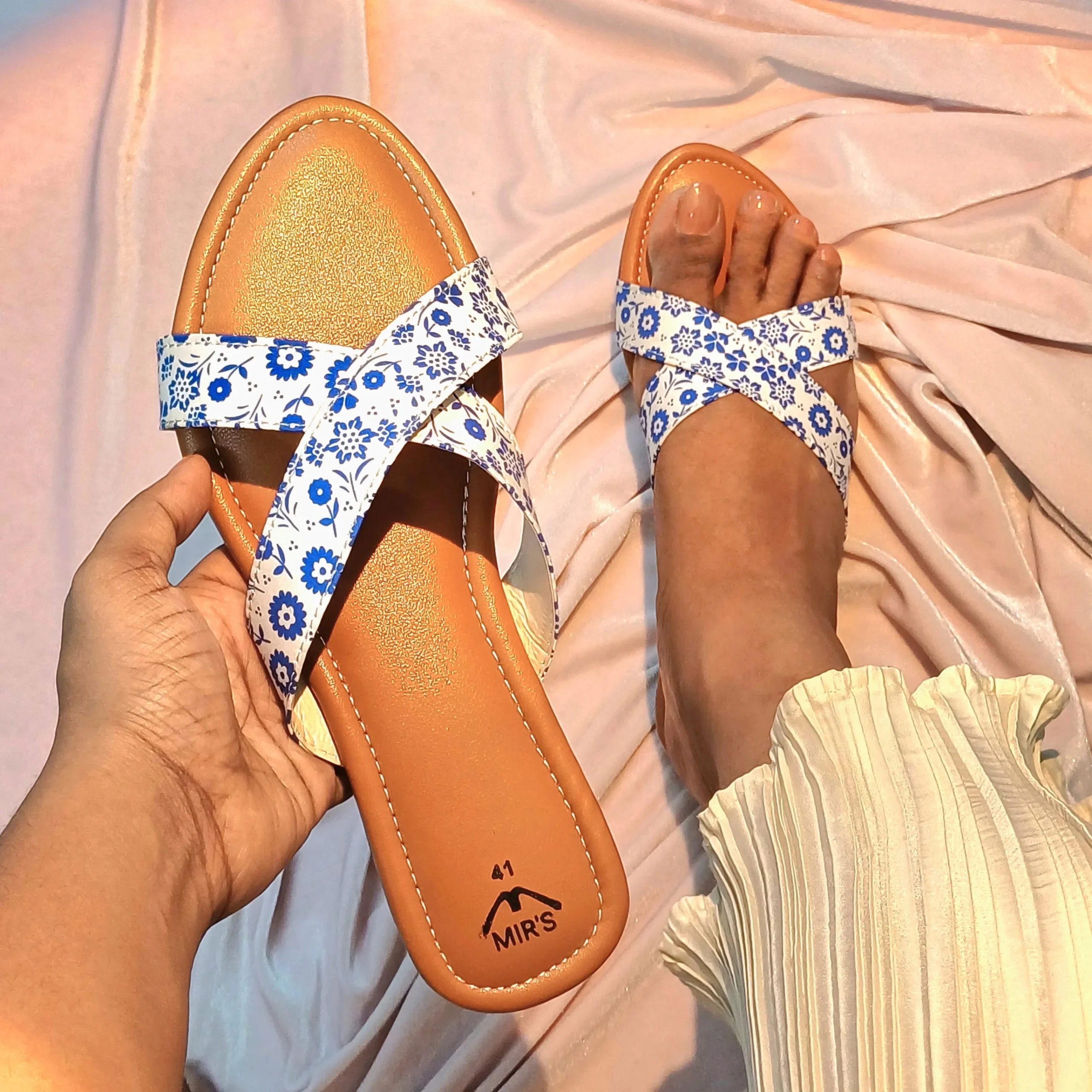 Wearing Printed Criss-Cross Flats (Blue)