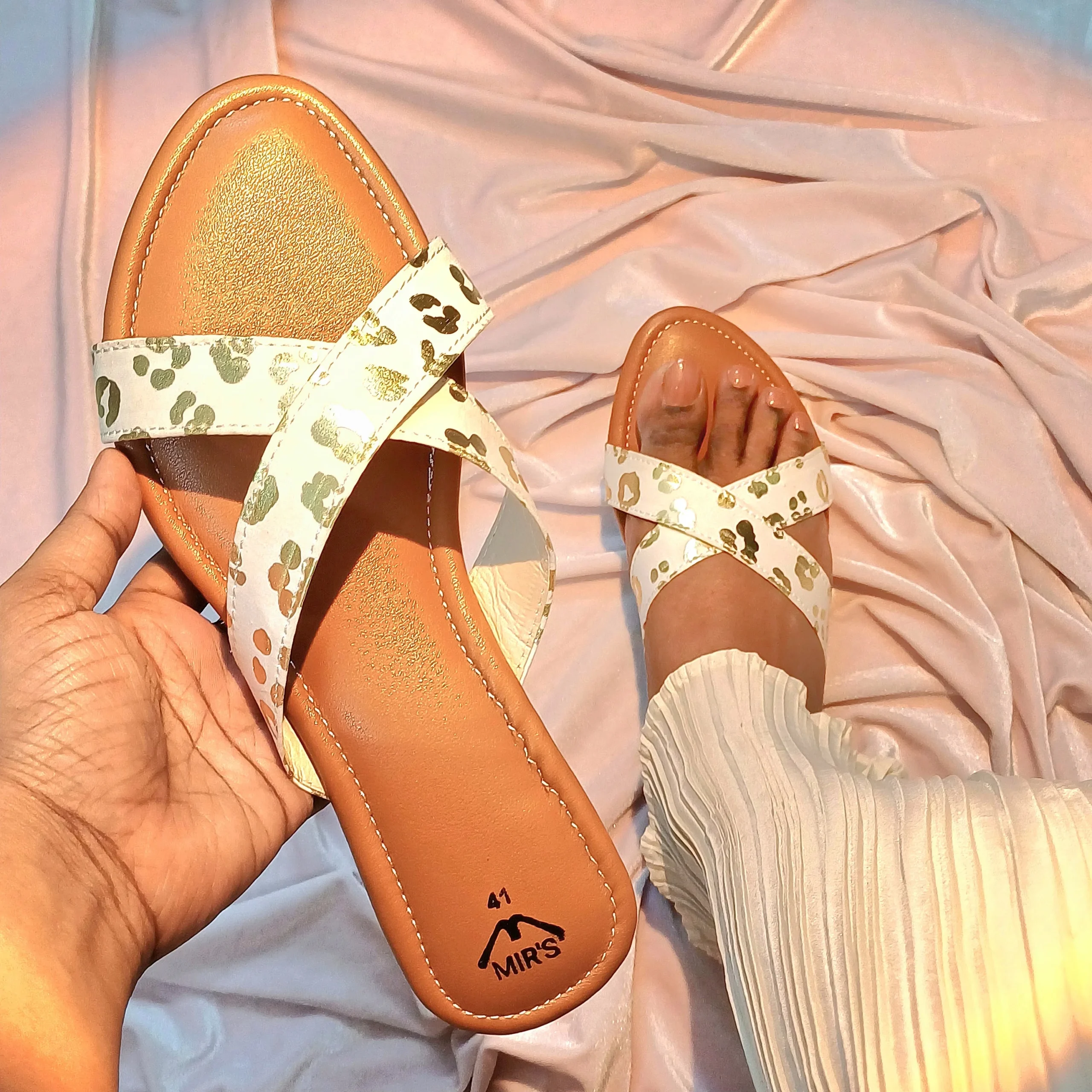 Wearing Printed Criss-Cross Flats (Golden)