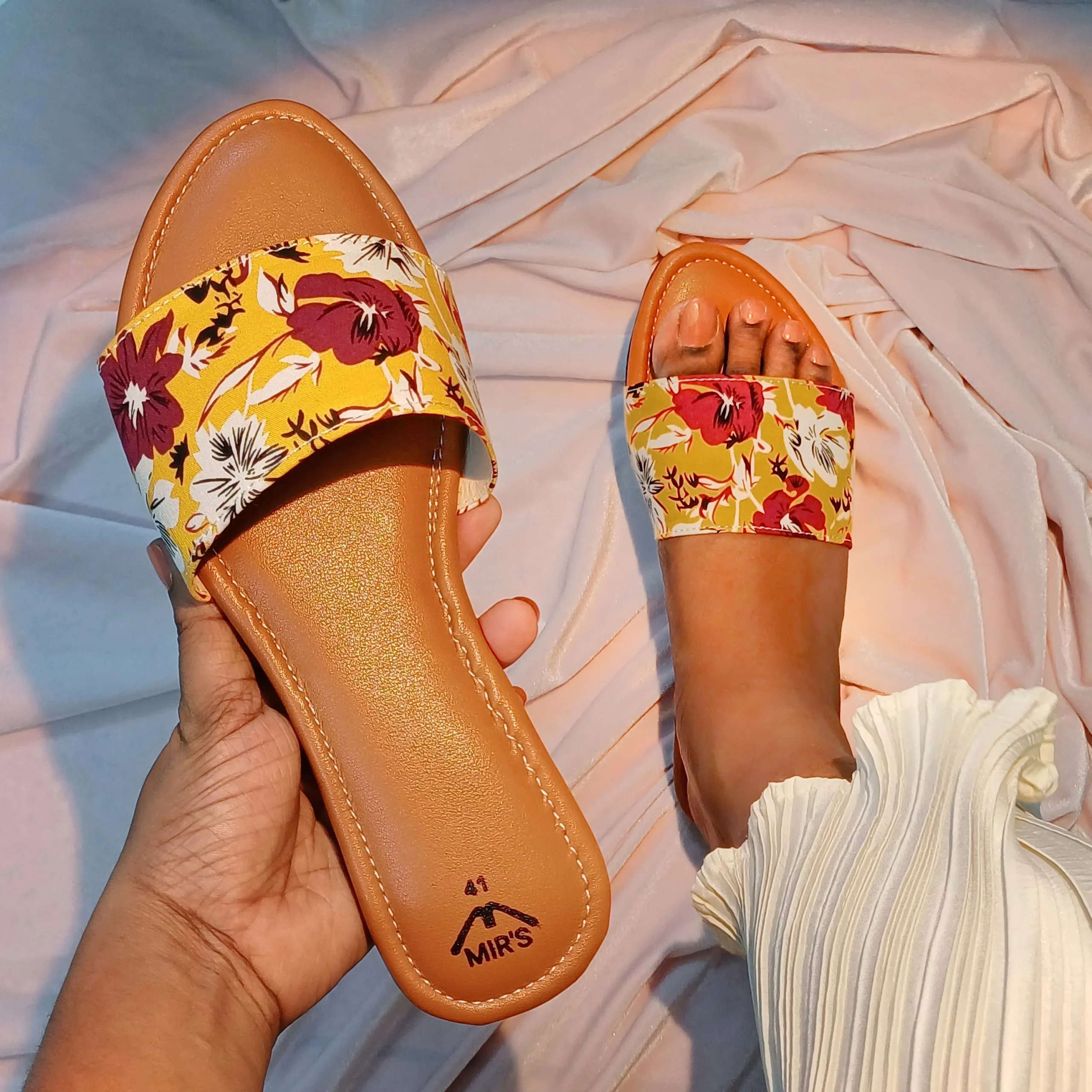 Wearing Printed Single Strap Flats (Yellow)